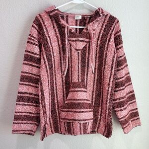 Vel-Mex 100% Acrylic Baja Poncho Pullover Hoodie Red